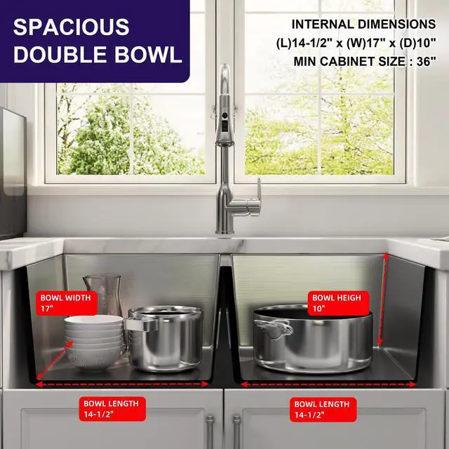 Alt view image 6 of 6 - 32 Inch Undermount Double Bowl Handmade 50/50 Kitchen Sink | 304 Stainless Steel, 16 Gauge Thickness, X Drain Line Design, Strainer & Grid Included, Large Capacity, 32" x 19" x 10"