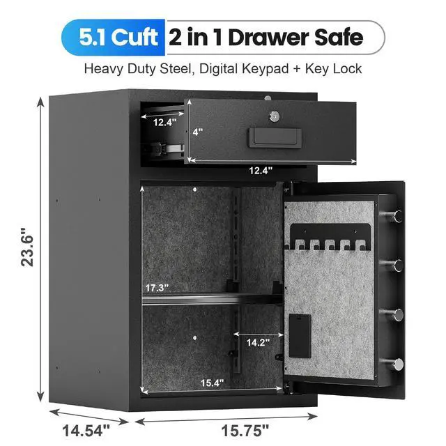 Alt view image 2 of 6 - 5.1 Cu Ft Heavy Duty Drawer Safes Home Safe with Fireproof and Waterproof Bag Safe Box with Digital Keypad Alarm System Removable Shelf for Cash Files Office Hotel
