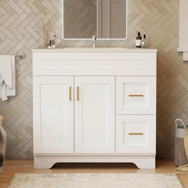 Main image of 36 Inch Bathroom Vanity with Sink and Drawer, Modern Bathroom Vanity with Ceramic Basin and Countertop, Easy Assembly (White)