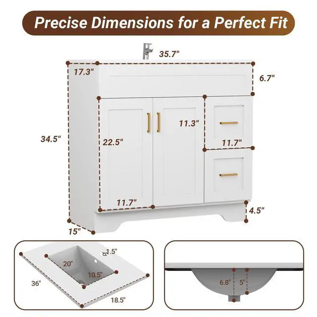 Alt view image 2 of 6 - 36 Inch Bathroom Vanity with Sink and Drawer, Modern Bathroom Vanity with Ceramic Basin and Countertop, Easy Assembly (White)