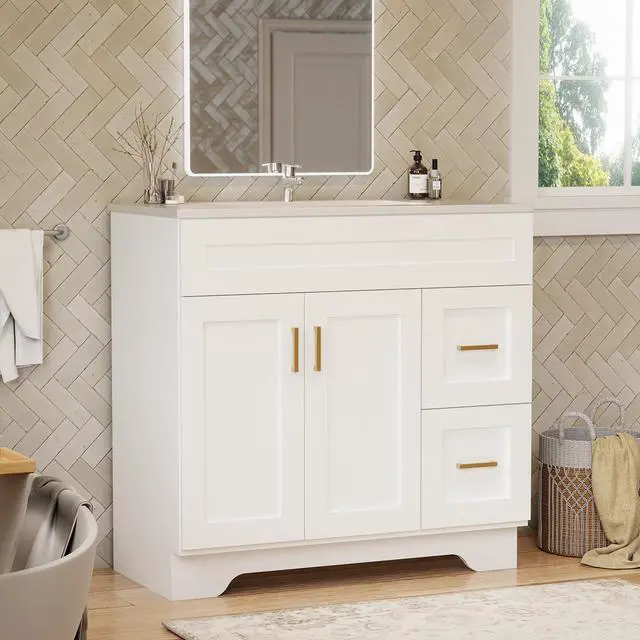 Alt view image 3 of 6 - 36 Inch Bathroom Vanity with Sink and Drawer, Modern Bathroom Vanity with Ceramic Basin and Countertop, Easy Assembly (White)