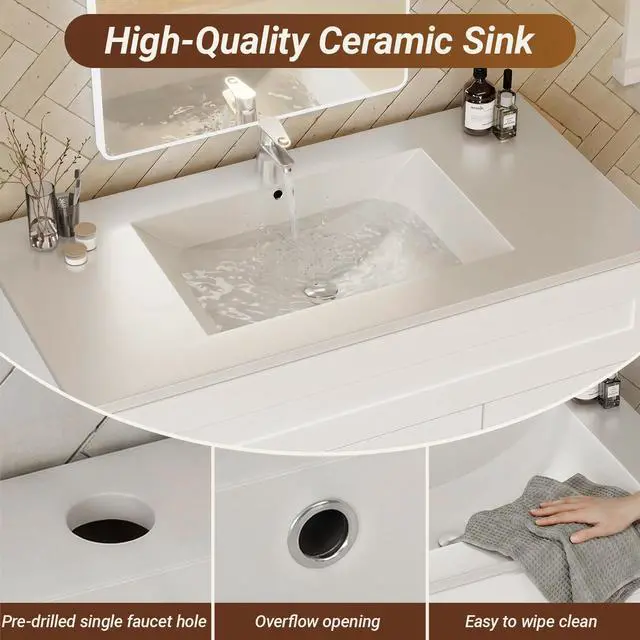 Alt view image 4 of 6 - 36 Inch Bathroom Vanity with Sink and Drawer, Modern Bathroom Vanity with Ceramic Basin and Countertop, Easy Assembly (White)