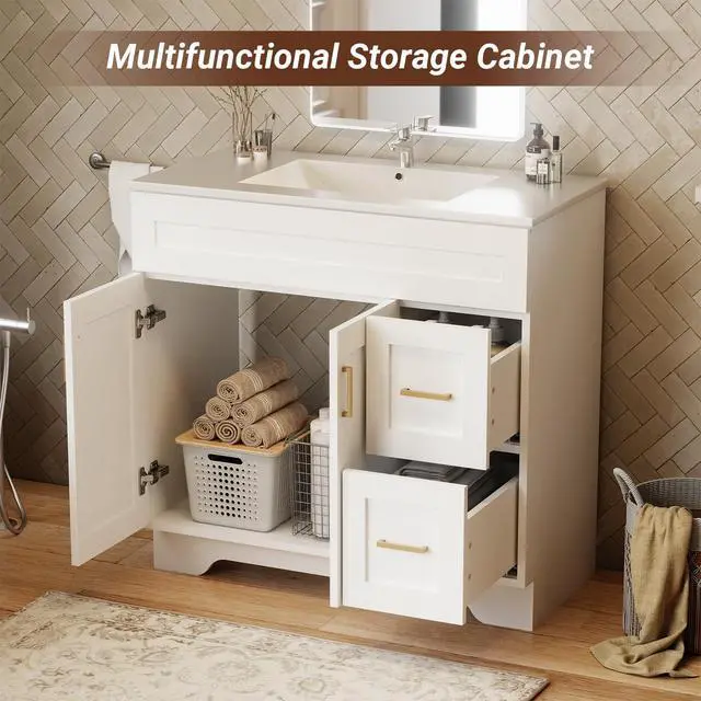 Alt view image 5 of 6 - 36 Inch Bathroom Vanity with Sink and Drawer, Modern Bathroom Vanity with Ceramic Basin and Countertop, Easy Assembly (White)