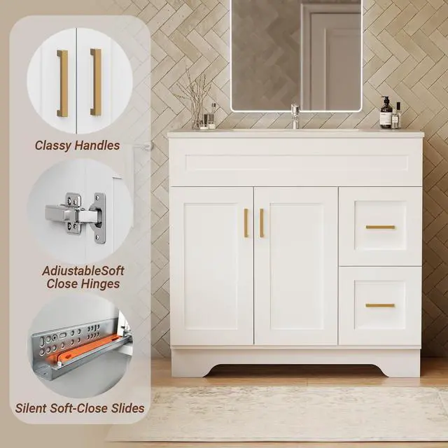 Alt view image 6 of 6 - 36 Inch Bathroom Vanity with Sink and Drawer, Modern Bathroom Vanity with Ceramic Basin and Countertop, Easy Assembly (White)