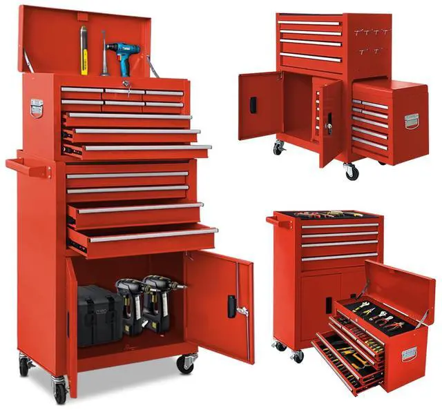 Main image of 13-Drawer Rolling Tool Chest, 2 in 1 Detachable Metal Tool Cabinet with Lock & Wheels, Heavy-Duty Tool Storage Organizer for Garage, Workshop, Auto Repair & Home(Red)