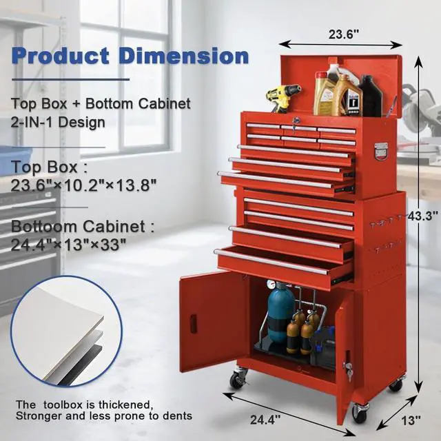 Alt view image 3 of 6 - 13-Drawer Rolling Tool Chest, 2 in 1 Detachable Metal Tool Cabinet with Lock & Wheels, Heavy-Duty Tool Storage Organizer for Garage, Workshop, Auto Repair & Home(Red)