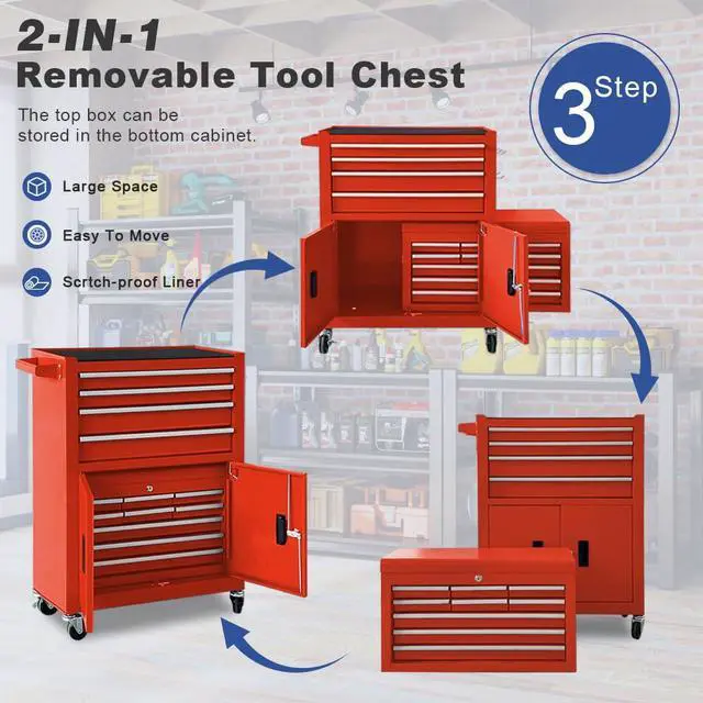 Alt view image 6 of 6 - 13-Drawer Rolling Tool Chest, 2 in 1 Detachable Metal Tool Cabinet with Lock & Wheels, Heavy-Duty Tool Storage Organizer for Garage, Workshop, Auto Repair & Home(Red)