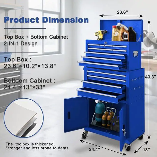 Alt view image 3 of 6 - 13-Drawer Rolling Tool Chest, 2 in 1 Detachable Metal Tool Cabinet with Lock & Wheels, Heavy-Duty Tool Storage Organizer for Garage, Workshop, Auto Repair & Home(Blue)