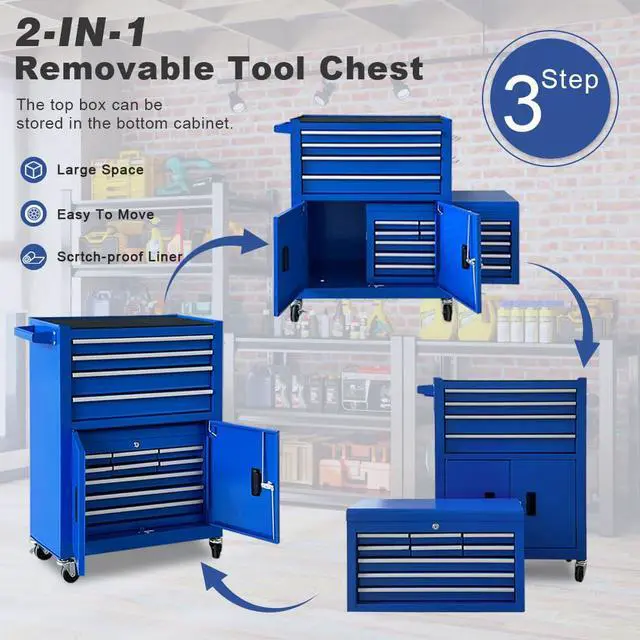 Alt view image 6 of 6 - 13-Drawer Rolling Tool Chest, 2 in 1 Detachable Metal Tool Cabinet with Lock & Wheels, Heavy-Duty Tool Storage Organizer for Garage, Workshop, Auto Repair & Home(Blue)