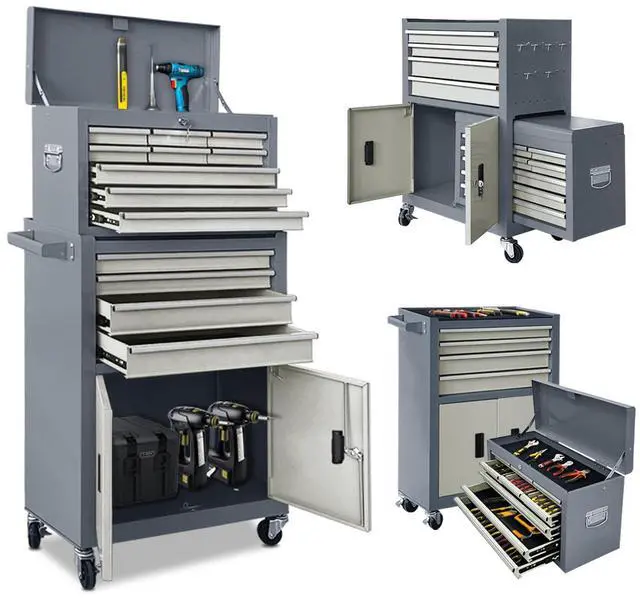 Main image of 13-Drawer Rolling Tool Chest, 2 in 1 Detachable Metal Tool Cabinet with Lock & Wheels, Heavy-Duty Tool Storage Organizer for Garage, Workshop, Auto Repair & Home (Grey)