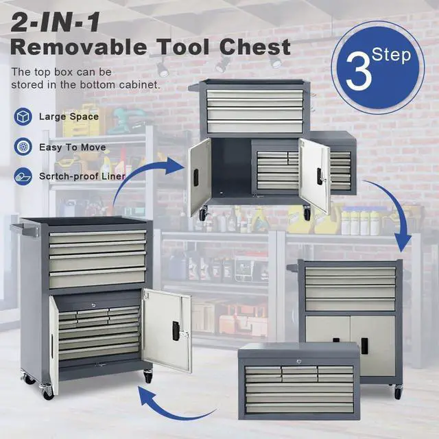 Alt view image 6 of 6 - 13-Drawer Rolling Tool Chest, 2 in 1 Detachable Metal Tool Cabinet with Lock & Wheels, Heavy-Duty Tool Storage Organizer for Garage, Workshop, Auto Repair & Home (Grey)