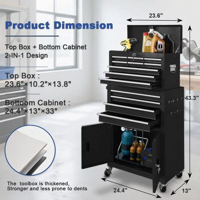 Alt view image 3 of 6 - 13-Drawer Rolling Tool Chest, 2 in 1 Detachable Metal Tool Cabinet with Lock & Wheels, Heavy-Duty Tool Storage Organizer for Garage, Workshop, Auto Repair & Home (Black)