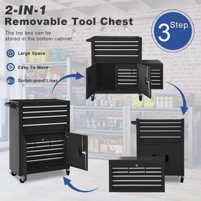 Alt view image 6 of 6 - 13-Drawer Rolling Tool Chest, 2 in 1 Detachable Metal Tool Cabinet with Lock & Wheels, Heavy-Duty Tool Storage Organizer for Garage, Workshop, Auto Repair & Home (Black)
