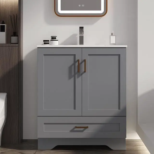 Main image of 30 inch Bathroom Vanity with Sink, Modern Grey Vanity for Bathroom with Undermount Ceramic Sink, Freestanding 2-Door & 1-Drawer Storage Cabinet, for Small Bathroom Space, (Grey, 30")