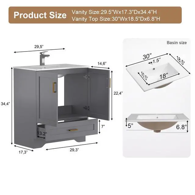 Alt view image 2 of 6 - 30 inch Bathroom Vanity with Sink, Modern Grey Vanity for Bathroom with Undermount Ceramic Sink, Freestanding 2-Door & 1-Drawer Storage Cabinet, for Small Bathroom Space, (Grey, 30")