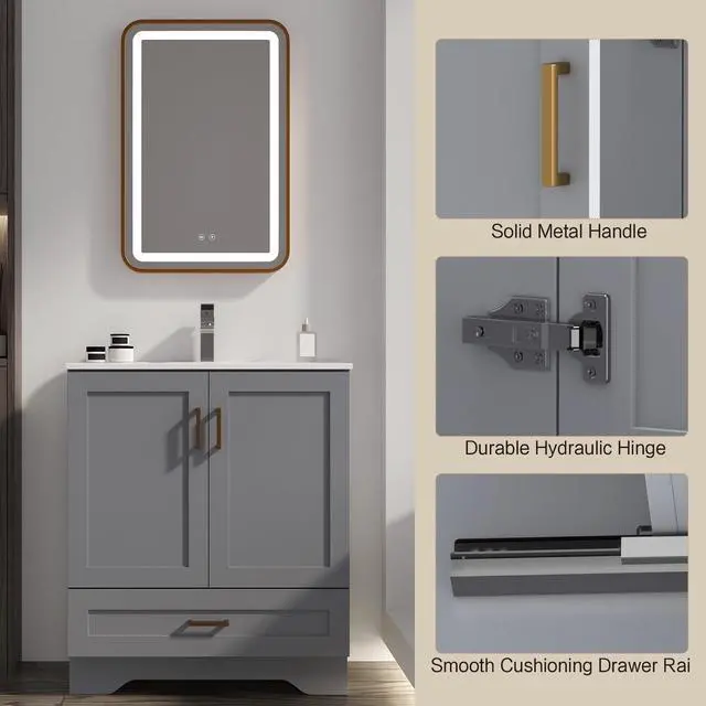 Alt view image 3 of 6 - 30 inch Bathroom Vanity with Sink, Modern Grey Vanity for Bathroom with Undermount Ceramic Sink, Freestanding 2-Door & 1-Drawer Storage Cabinet, for Small Bathroom Space, (Grey, 30")