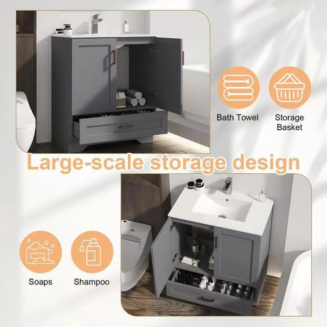 Alt view image 4 of 6 - 30 inch Bathroom Vanity with Sink, Modern Grey Vanity for Bathroom with Undermount Ceramic Sink, Freestanding 2-Door & 1-Drawer Storage Cabinet, for Small Bathroom Space, (Grey, 30")