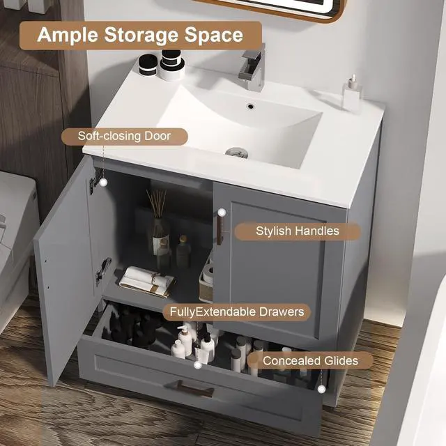 Alt view image 5 of 6 - 30 inch Bathroom Vanity with Sink, Modern Grey Vanity for Bathroom with Undermount Ceramic Sink, Freestanding 2-Door & 1-Drawer Storage Cabinet, for Small Bathroom Space, (Grey, 30")