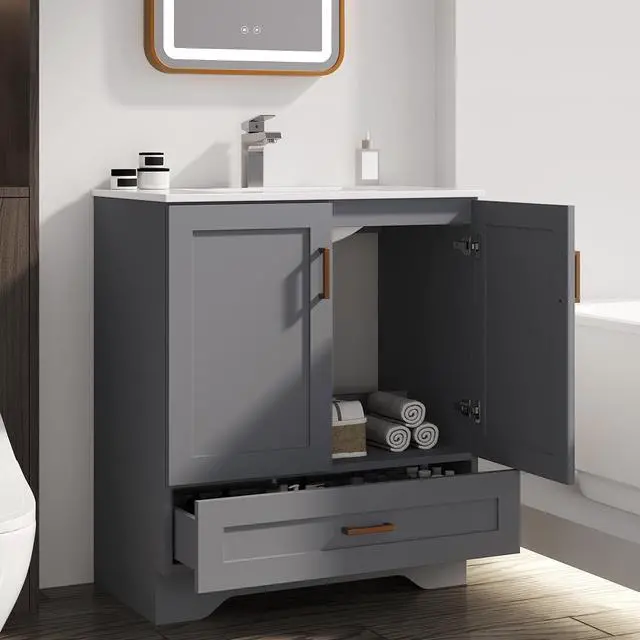 Alt view image 6 of 6 - 30 inch Bathroom Vanity with Sink, Modern Grey Vanity for Bathroom with Undermount Ceramic Sink, Freestanding 2-Door & 1-Drawer Storage Cabinet, for Small Bathroom Space, (Grey, 30")