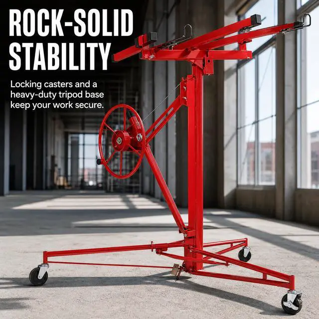 Alt view image 3 of 6 - 11 FT Drywall Lift Panel Rolling Hoist Jack Lifter Sheetrock, Drywall Lifting Construction Tools Caster Wheel with Adjustable Telescopic Arm, Red