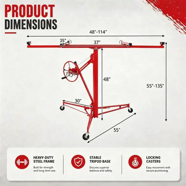 Alt view image 5 of 6 - 11 FT Drywall Lift Panel Rolling Hoist Jack Lifter Sheetrock, Drywall Lifting Construction Tools Caster Wheel with Adjustable Telescopic Arm, Red