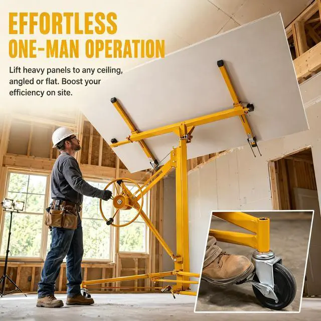 Alt view image 2 of 6 - 11 FT Drywall Lift Panel Rolling Hoist Jack Lifter Sheetrock, Drywall Lifting Construction Tools Caster Wheel with Adjustable Telescopic Arm, Yellow