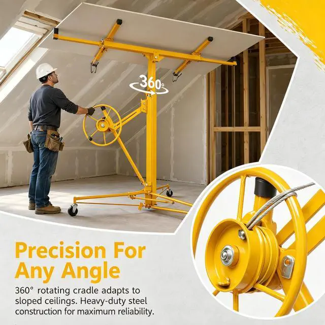 Alt view image 4 of 6 - 11 FT Drywall Lift Panel Rolling Hoist Jack Lifter Sheetrock, Drywall Lifting Construction Tools Caster Wheel with Adjustable Telescopic Arm, Yellow