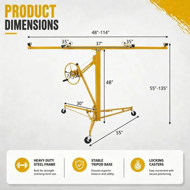 Alt view image 5 of 6 - 11 FT Drywall Lift Panel Rolling Hoist Jack Lifter Sheetrock, Drywall Lifting Construction Tools Caster Wheel with Adjustable Telescopic Arm, Yellow