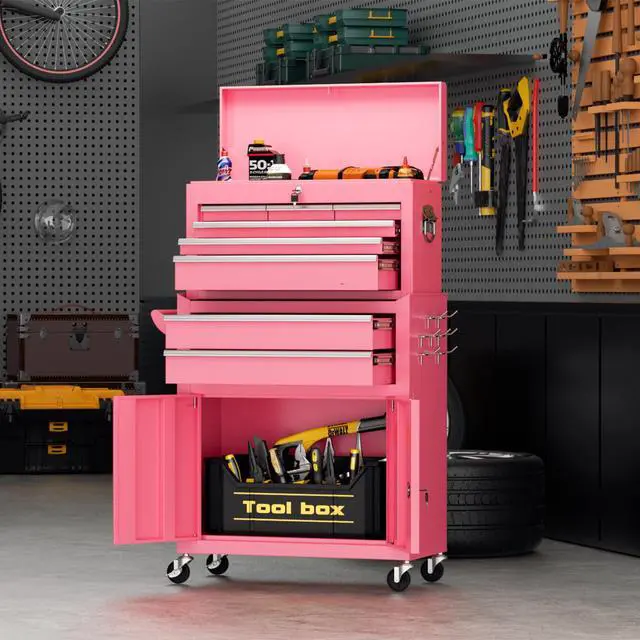 Alt view image 2 of 6 - Metal Tool Chest, 8 Drawer Rolling Tool Chest with Wheels, Detachable Tool Storage Cabinet with Lock for Garage, Steel Tool Cart with Liner & Hooks for Workshop, Warehouse (Pink)