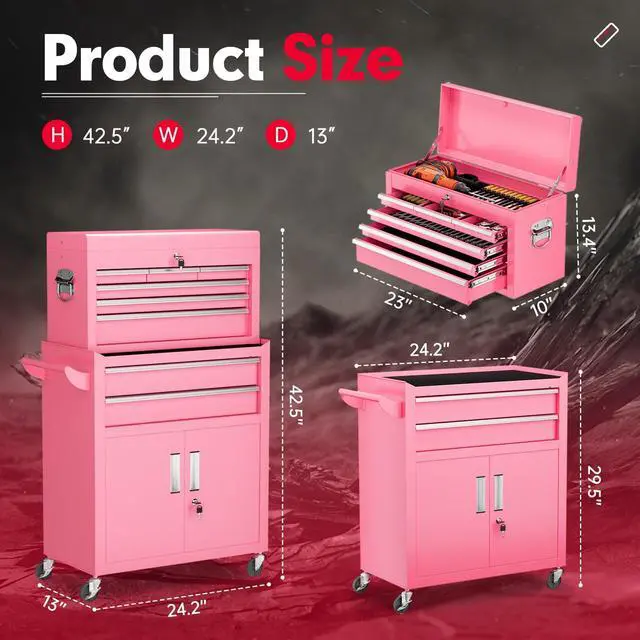Alt view image 3 of 6 - Metal Tool Chest, 8 Drawer Rolling Tool Chest with Wheels, Detachable Tool Storage Cabinet with Lock for Garage, Steel Tool Cart with Liner & Hooks for Workshop, Warehouse (Pink)