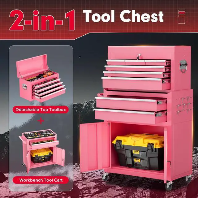 Alt view image 4 of 6 - Metal Tool Chest, 8 Drawer Rolling Tool Chest with Wheels, Detachable Tool Storage Cabinet with Lock for Garage, Steel Tool Cart with Liner & Hooks for Workshop, Warehouse (Pink)