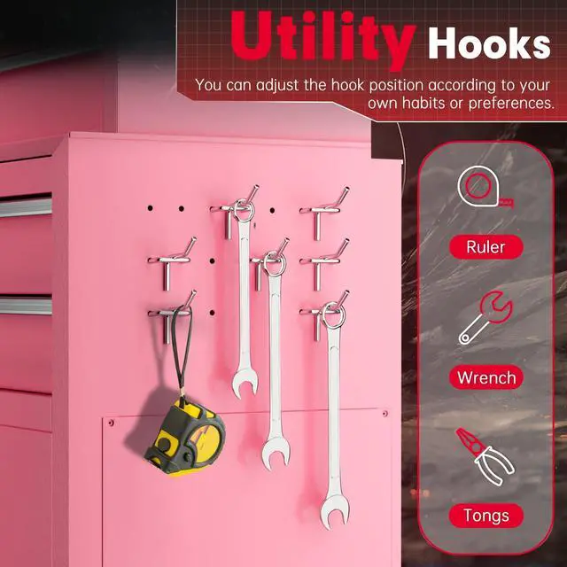 Alt view image 5 of 6 - Metal Tool Chest, 8 Drawer Rolling Tool Chest with Wheels, Detachable Tool Storage Cabinet with Lock for Garage, Steel Tool Cart with Liner & Hooks for Workshop, Warehouse (Pink)