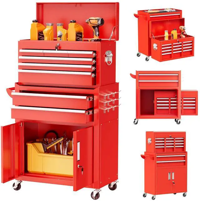 Main image of Metal Rolling Tool Chest, 8 Drawer Rolling Tool Chest with Wheels, Detachable Tool Storage Cabinet with Lock for Garage, Steel Tool Cart with Liner & Hooks for Workshop, Warehouse (Red)