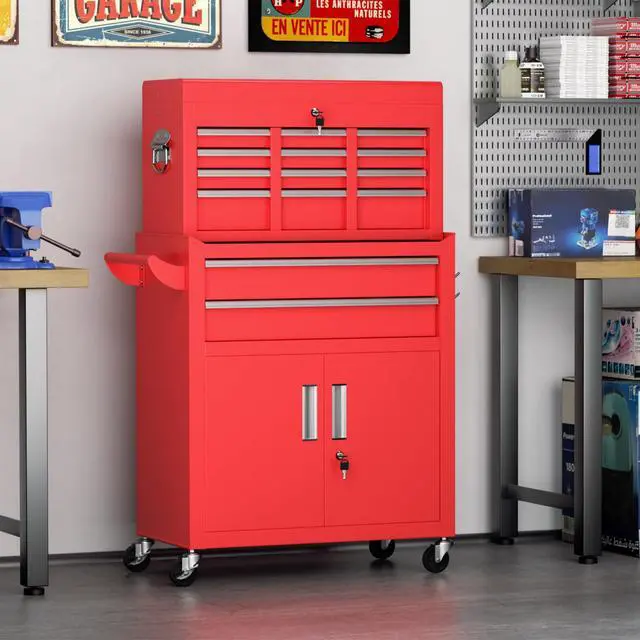 Alt view image 2 of 6 - Metal Rolling Tool Chest, 8 Drawer Rolling Tool Chest with Wheels, Detachable Tool Storage Cabinet with Lock for Garage, Steel Tool Cart with Liner & Hooks for Workshop, Warehouse (Red)