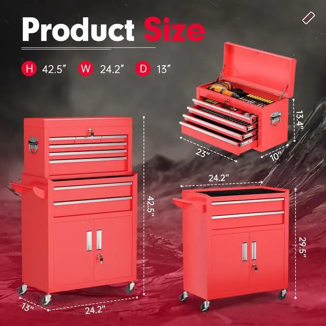 Alt view image 3 of 6 - Metal Rolling Tool Chest, 8 Drawer Rolling Tool Chest with Wheels, Detachable Tool Storage Cabinet with Lock for Garage, Steel Tool Cart with Liner & Hooks for Workshop, Warehouse (Red)