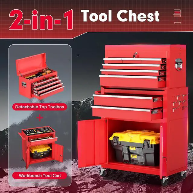 Alt view image 5 of 6 - Metal Rolling Tool Chest, 8 Drawer Rolling Tool Chest with Wheels, Detachable Tool Storage Cabinet with Lock for Garage, Steel Tool Cart with Liner & Hooks for Workshop, Warehouse (Red)