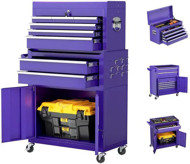 Main image of Metal Tool Chest, 8 Drawer Rolling Tool Chest with Wheels, Detachable Tool Storage Cabinet with Lock for Garage, Steel Tool Cart with Liner & Hooks for Workshop, Warehouse (Purple)
