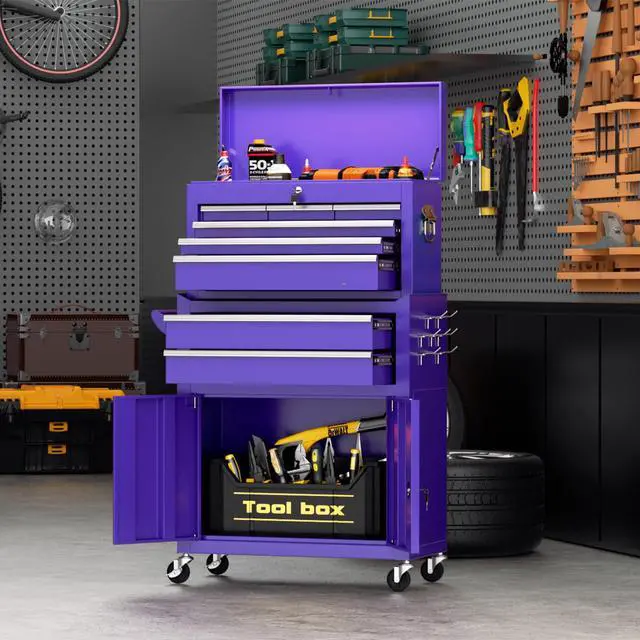 Alt view image 2 of 6 - Metal Tool Chest, 8 Drawer Rolling Tool Chest with Wheels, Detachable Tool Storage Cabinet with Lock for Garage, Steel Tool Cart with Liner & Hooks for Workshop, Warehouse (Purple)