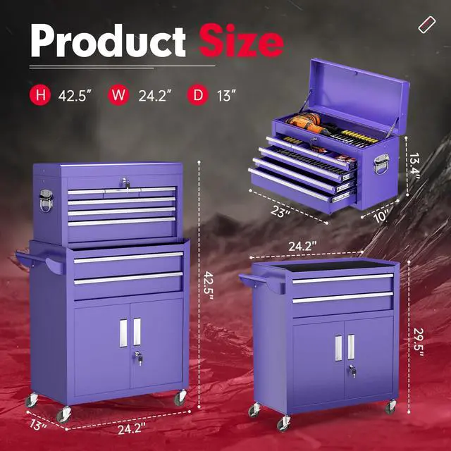 Alt view image 3 of 6 - Metal Tool Chest, 8 Drawer Rolling Tool Chest with Wheels, Detachable Tool Storage Cabinet with Lock for Garage, Steel Tool Cart with Liner & Hooks for Workshop, Warehouse (Purple)