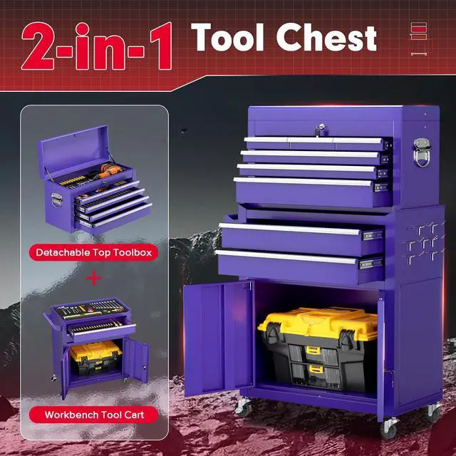 Alt view image 4 of 6 - Metal Tool Chest, 8 Drawer Rolling Tool Chest with Wheels, Detachable Tool Storage Cabinet with Lock for Garage, Steel Tool Cart with Liner & Hooks for Workshop, Warehouse (Purple)