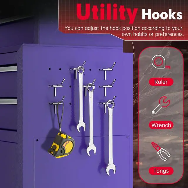 Alt view image 5 of 6 - Metal Tool Chest, 8 Drawer Rolling Tool Chest with Wheels, Detachable Tool Storage Cabinet with Lock for Garage, Steel Tool Cart with Liner & Hooks for Workshop, Warehouse (Purple)