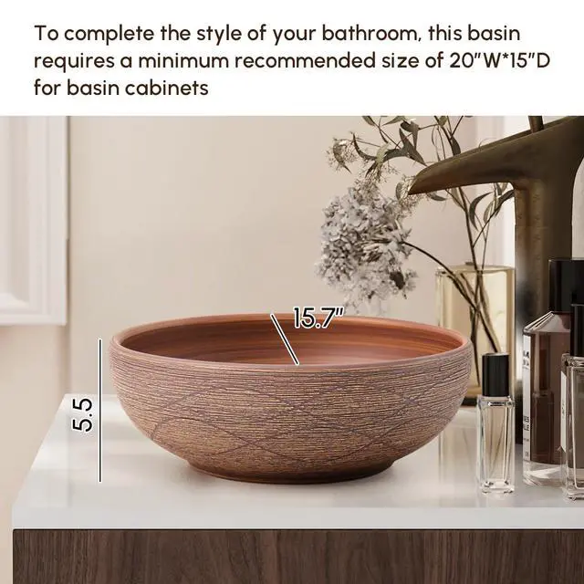Alt view image 6 of 6 - Bathroom Vessel Sink, 15.07" Round Bowl Sink Retro Ceramic Washbasin Above Counter for Bathroom,Without Pop-up Drain