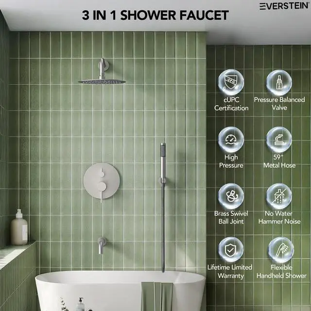 Alt view image 3 of 6 - 10" High-Pressure Rainfall Shower System with Handheld Spray, Wall Mount Bathroom Shower Faucet Set with Tub Spout (Brushed Nickel)