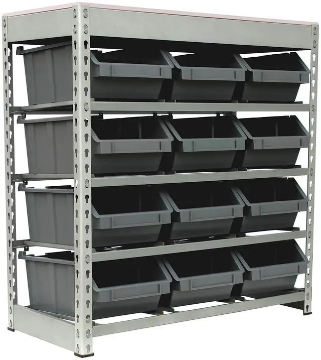 Main image of Bin Rack Boltless Steel Storage System Organizer w/ 12 Plastic Bins in 4 tiers