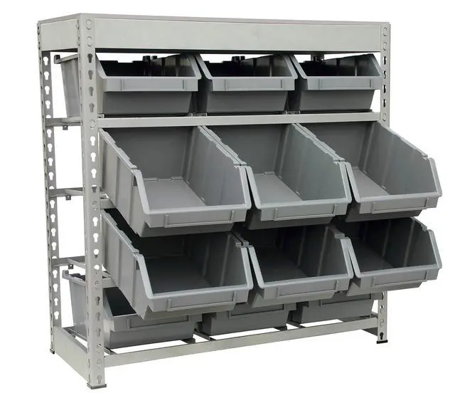 Alt view image 2 of 4 - Bin Rack Boltless Steel Storage System Organizer w/ 12 Plastic Bins in 4 tiers