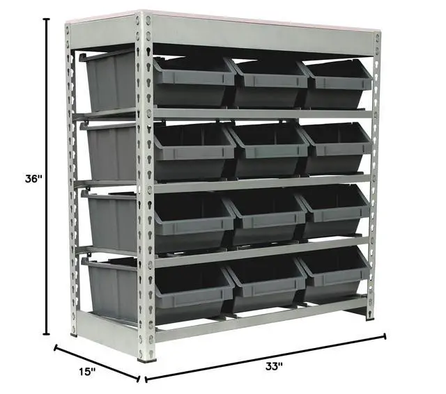 Alt view image 4 of 4 - Bin Rack Boltless Steel Storage System Organizer w/ 12 Plastic Bins in 4 tiers