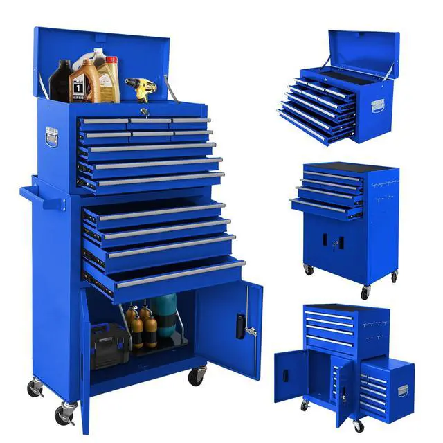 Main image of 13-Drawer Rolling Tool Chest with Double Doors, 2 in 1 Detachable Rolling Tool Chest Combo, Mobile Tool Cabinet with Drawers, Metal Large Lockable Tool Box for Garage Workshop (Blue)