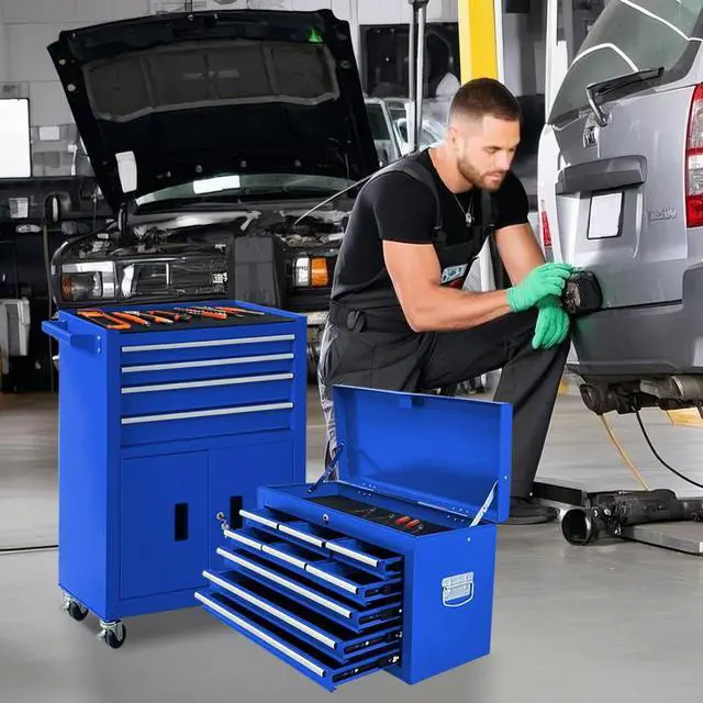 Alt view image 2 of 6 - 13-Drawer Rolling Tool Chest with Double Doors, 2 in 1 Detachable Rolling Tool Chest Combo, Mobile Tool Cabinet with Drawers, Metal Large Lockable Tool Box for Garage Workshop (Blue)