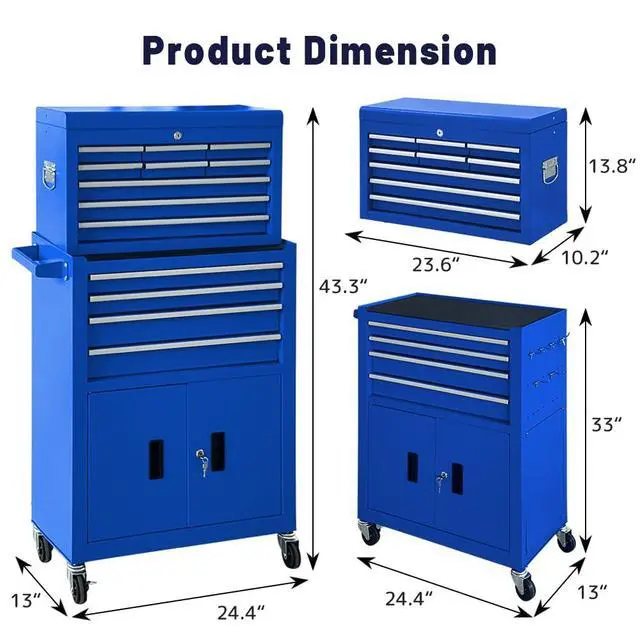 Alt view image 3 of 6 - 13-Drawer Rolling Tool Chest with Double Doors, 2 in 1 Detachable Rolling Tool Chest Combo, Mobile Tool Cabinet with Drawers, Metal Large Lockable Tool Box for Garage Workshop (Blue)