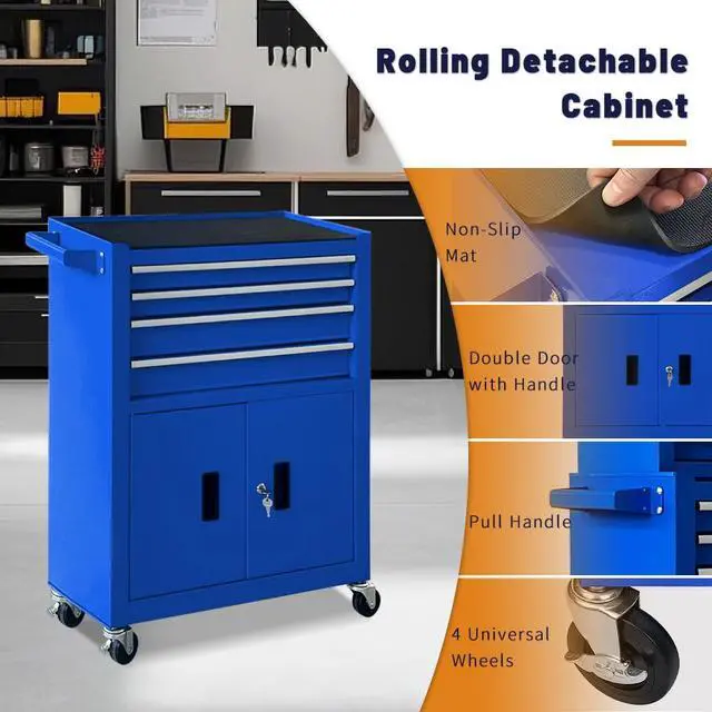 Alt view image 5 of 6 - 13-Drawer Rolling Tool Chest with Double Doors, 2 in 1 Detachable Rolling Tool Chest Combo, Mobile Tool Cabinet with Drawers, Metal Large Lockable Tool Box for Garage Workshop (Blue)